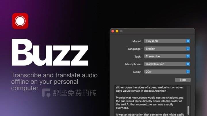 Buzz - 基于 OpenAI 的 Whisper 语音识别模型打造的声音转文本字幕工具，简单好用且免费开源